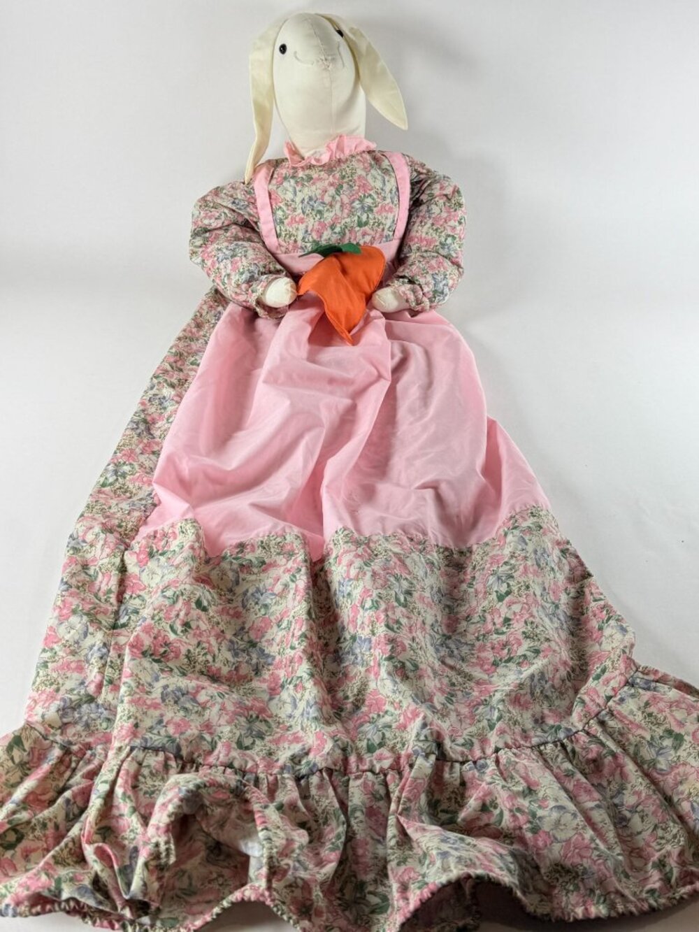 Vacuum Cover Handmade fabric Floral Bunny Doll In Pink Dress Holding Carrot 54"